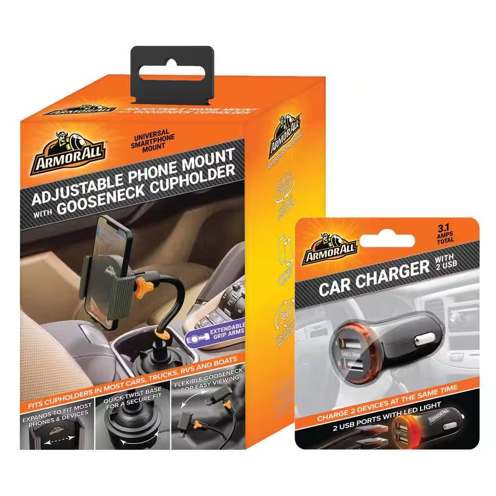 Cupholder Phone Charging Bundle, Adjustable Gooseneck and Car Charger 3.1 Amp