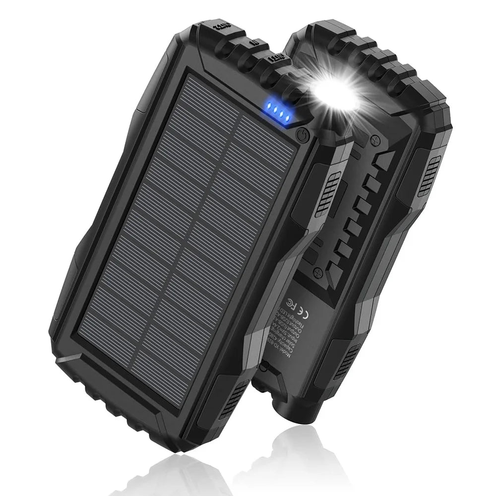 Solar Charger 20000Mah Power Bank Portable Solar Phone Charger, Camping Waterproof External Battery Charger for Cell Phone, 2 Usb/Led Flashlight with Compass for Outdoor Activities