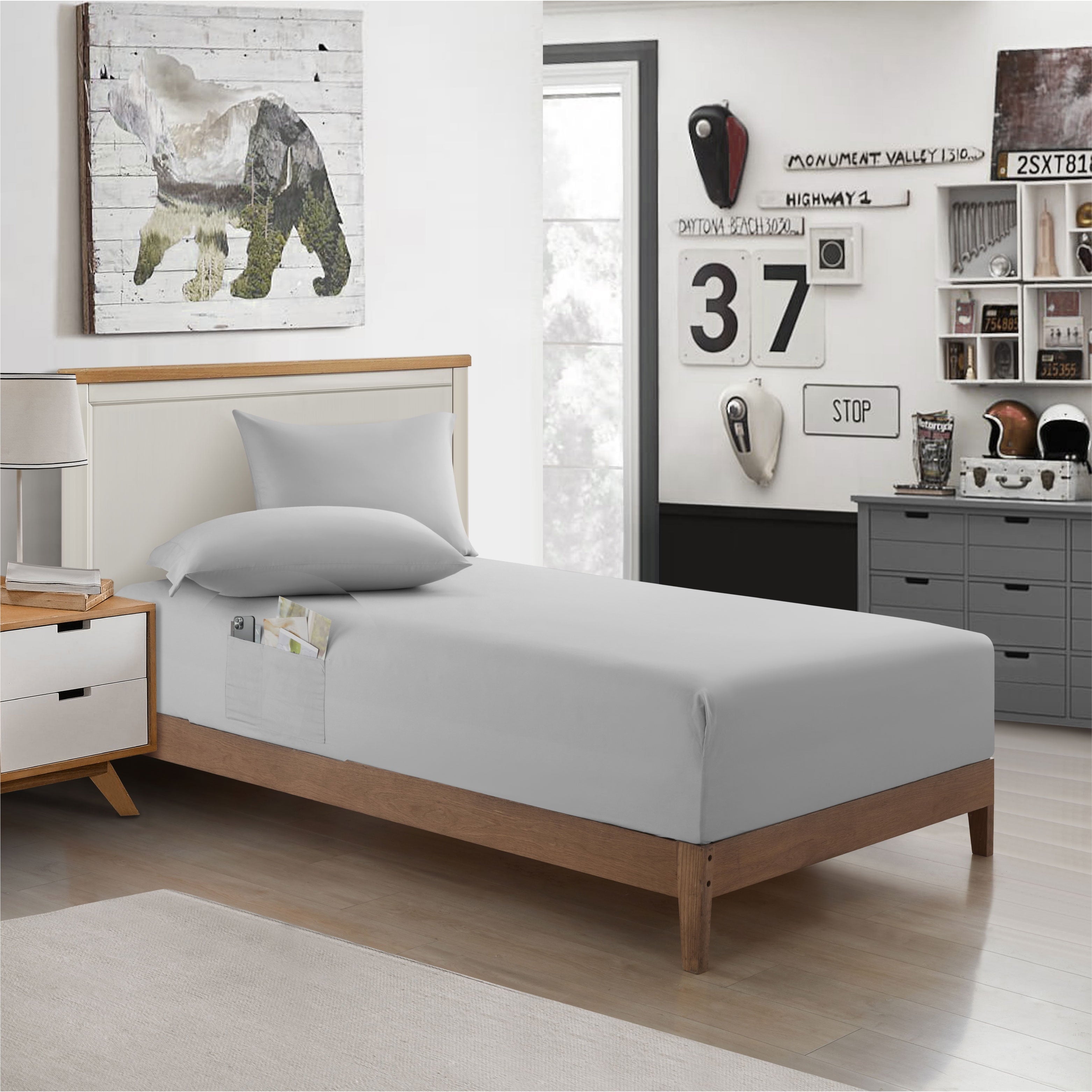 Double Sided Tech Pocket Fitted Sheet with Pillowcase, Full, Gray