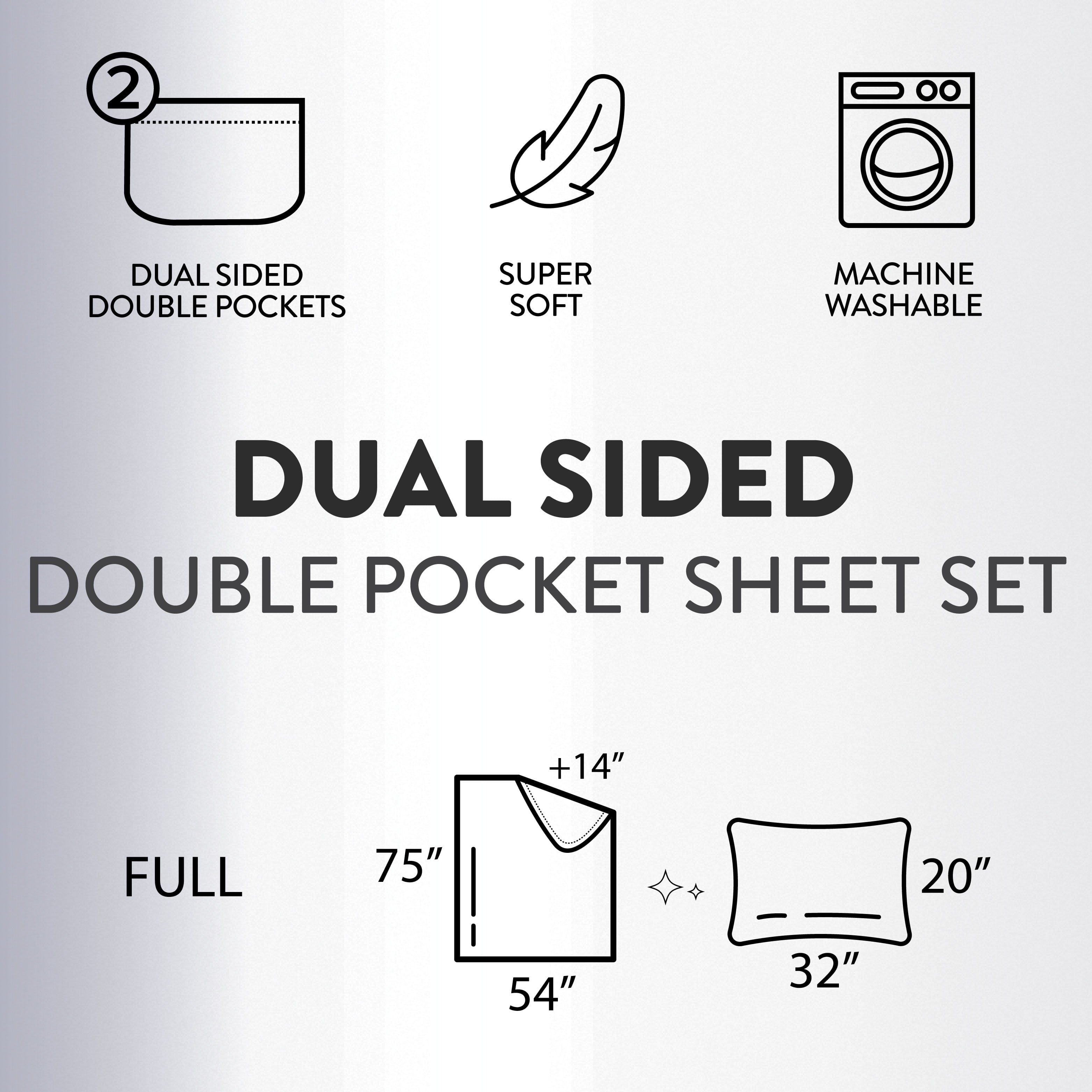 Double Sided Tech Pocket Fitted Sheet with Pillowcase, Full, Gray