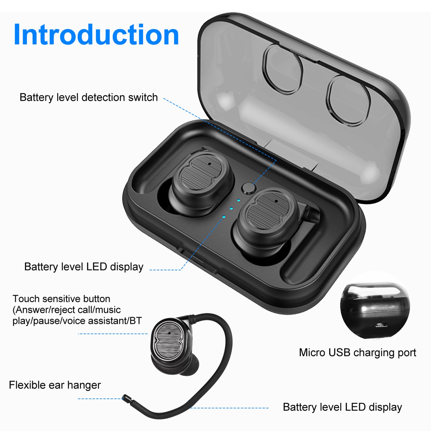TWS Wireless 5.0 Earbuds IPX4 Touch In-Ear Stereo Earphone Noise Canceling Earpieces 32.8 Ft Transmission Range With Mic 500mAh Magnetic Charging Dock