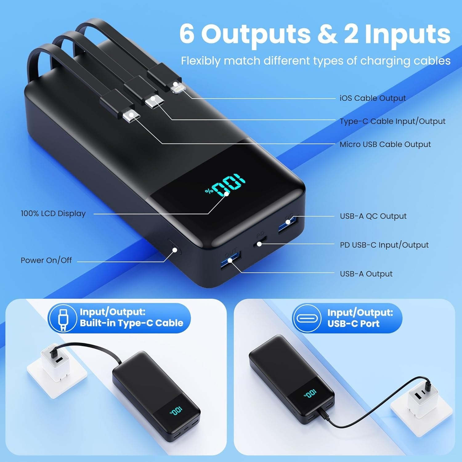 Portable Charger 50800Mah Power Bank with 3 Built in Cables,25W PD QC4.0 Fast