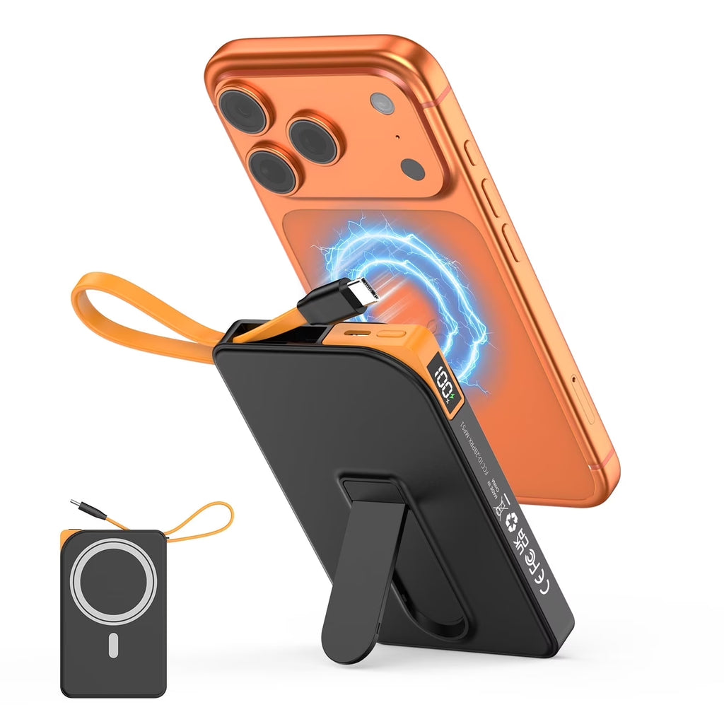 Magnetic Portable Charger for Magsafe, 10000Mah Power Bank, 22.5W Fast Charging Battery Bank, Built-In USB-C Cable with Foldable Stand and LED Display, Wireless Charger for Iphone 17/16, Andriod, Etc