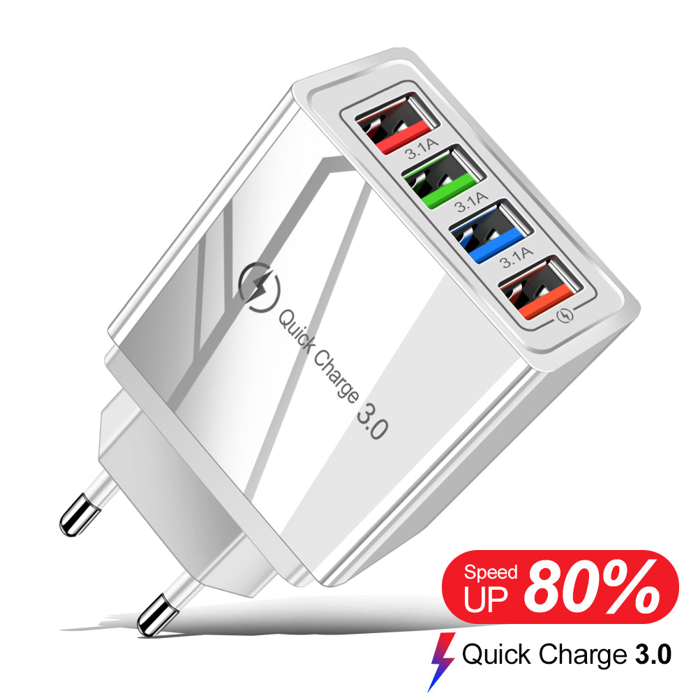4-Port USB Fast Charger - Quick Charge 3.0 Multi-Device Adapter