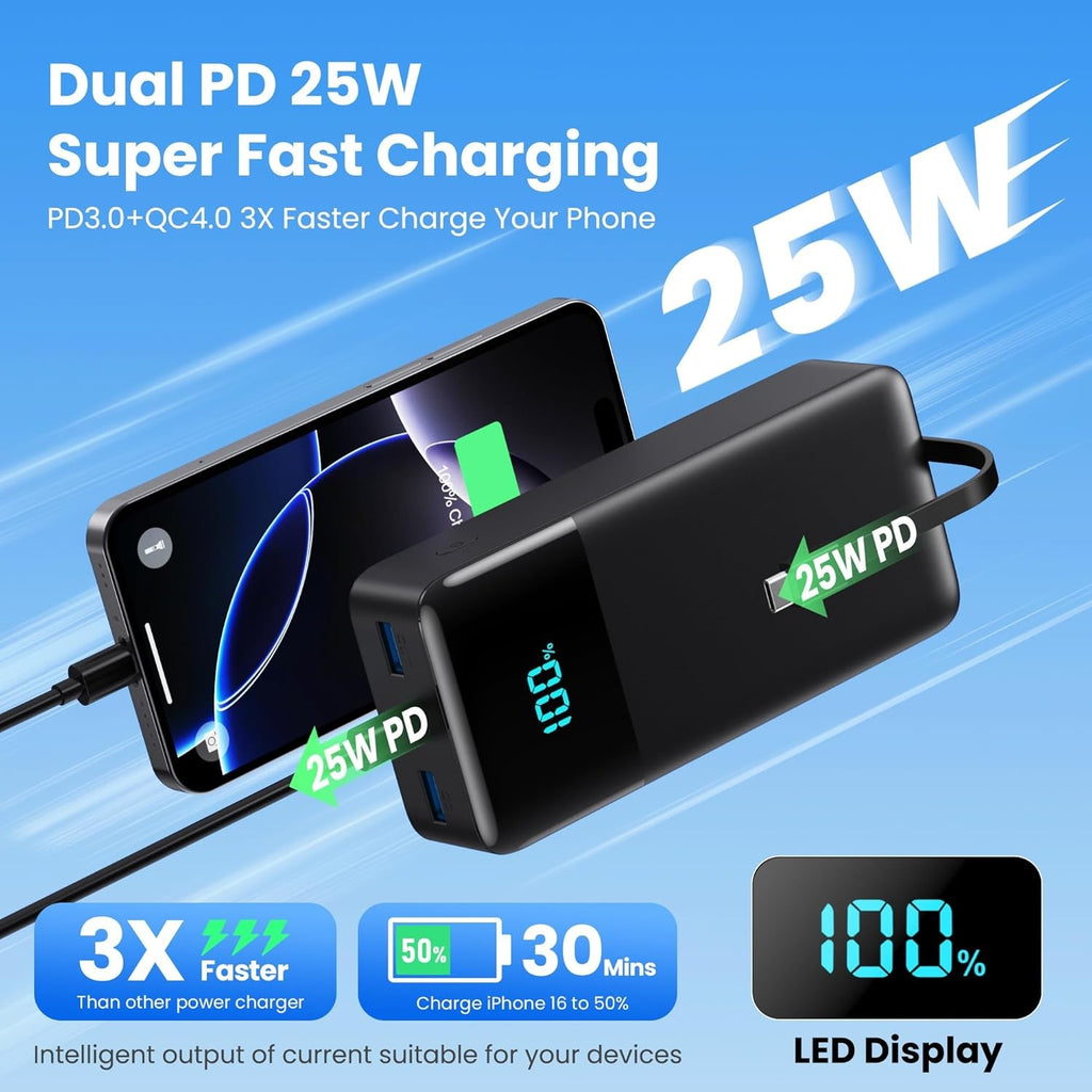 Portable Charger 50800Mah Power Bank with 3 Built in Cables,25W PD QC4.0 Fast