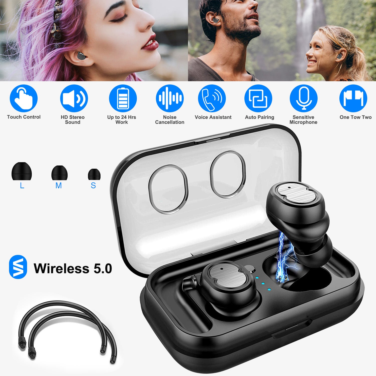 TWS Wireless 5.0 Earbuds IPX4 Touch In-Ear Stereo Earphone Noise Canceling Earpieces 32.8 Ft Transmission Range With Mic 500mAh Magnetic Charging Dock