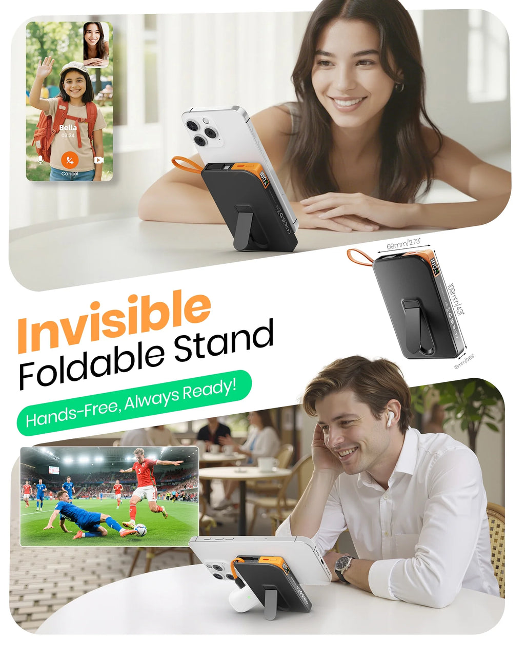 Magnetic Portable Charger for Magsafe, 10000Mah Power Bank, 22.5W Fast Charging Battery Bank, Built-In USB-C Cable with Foldable Stand and LED Display, Wireless Charger for Iphone 17/16, Andriod, Etc