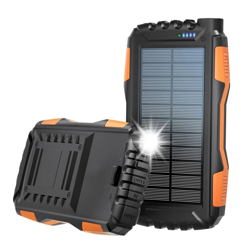 Solar Charger 20000Mah Power Bank Portable Solar Phone Charger, Camping Waterproof External Battery Charger for Cell Phone, 2 Usb/Led Flashlight with Compass for Outdoor Activities