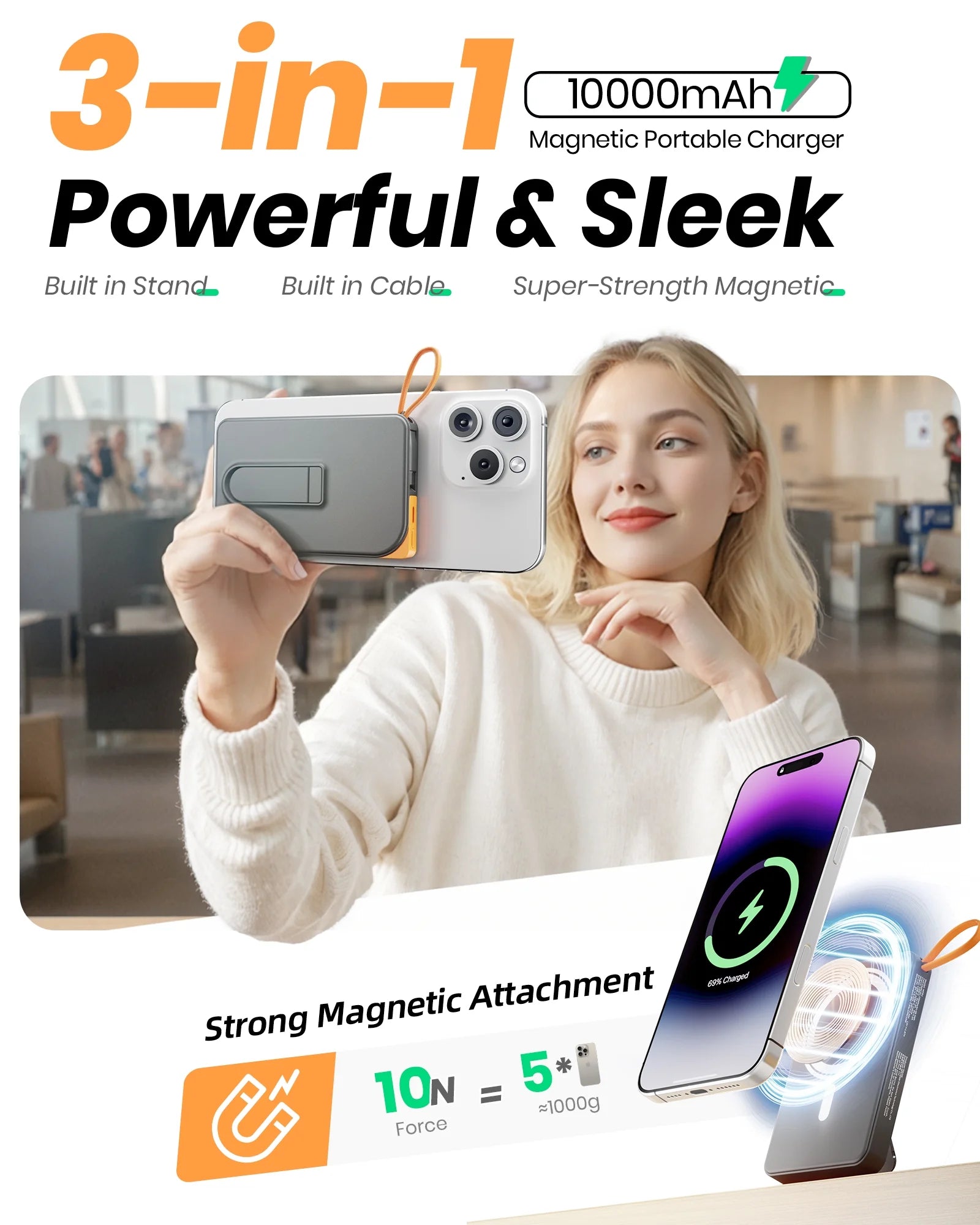 Magnetic Portable Charger for Magsafe, 10000Mah Power Bank, 22.5W Fast Charging Battery Bank, Built-In USB-C Cable with Foldable Stand and LED Display, Wireless Charger for Iphone 17/16, Andriod, Etc