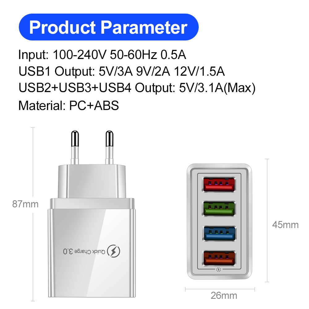 4-Port USB Fast Charger - Quick Charge 3.0 Multi-Device Adapter