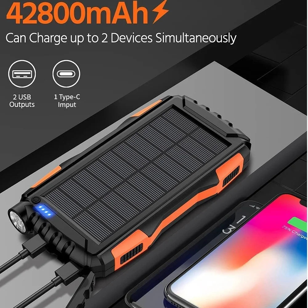Solar Charger 20000Mah Power Bank Portable Solar Phone Charger, Camping Waterproof External Battery Charger for Cell Phone, 2 Usb/Led Flashlight with Compass for Outdoor Activities