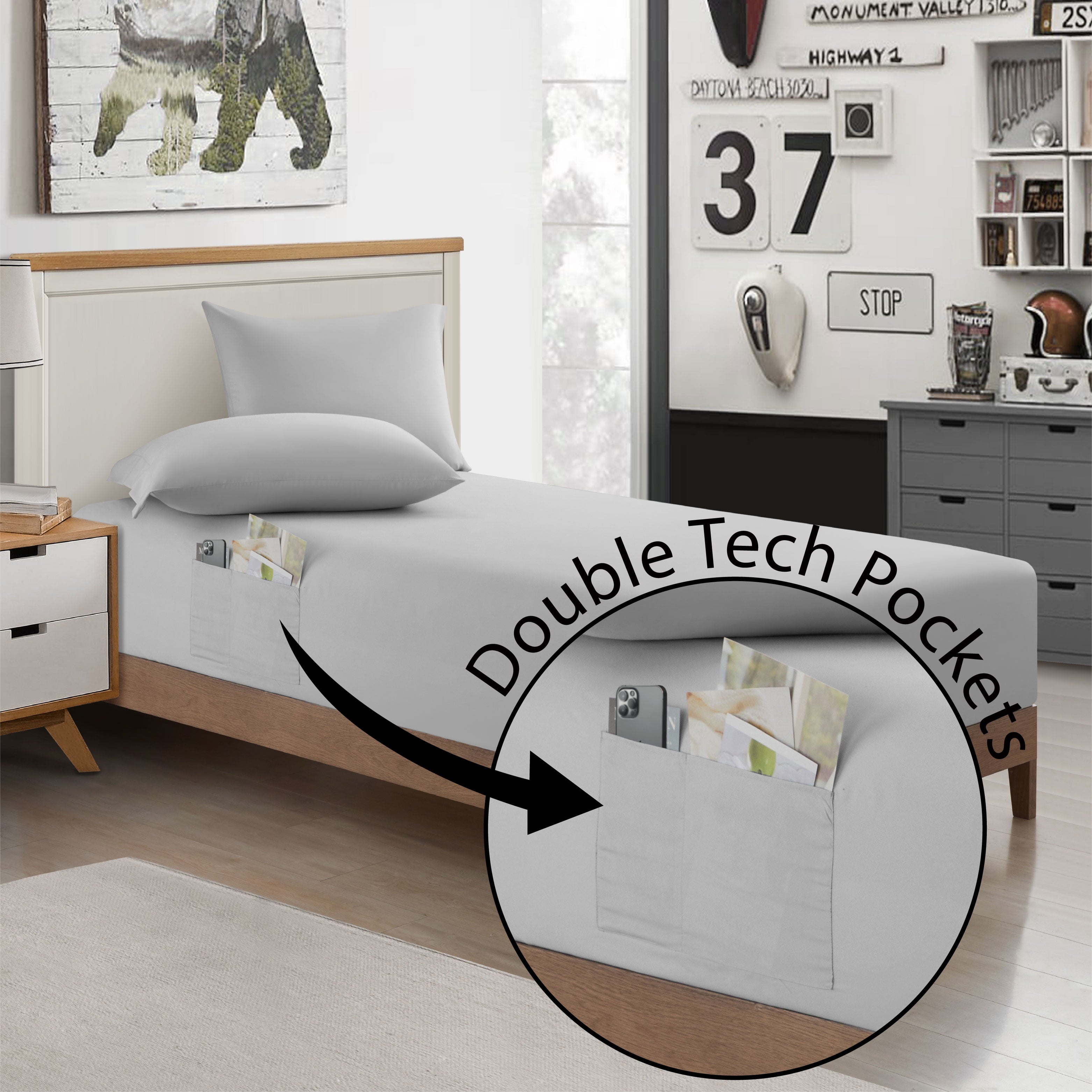 Double Sided Tech Pocket Fitted Sheet with Pillowcase, Full, Gray
