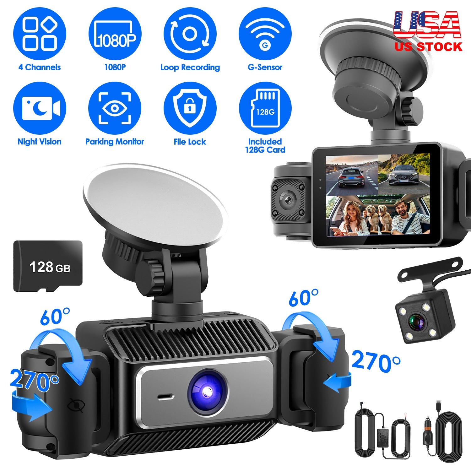 4 Channel Car Dash Cam With 128G MMC Card 1080P Front 720P Left Right 480P Rear G-Sensor Parking Monitor Loop Recording Night Vision 360 Degree Surveillance Car Camera