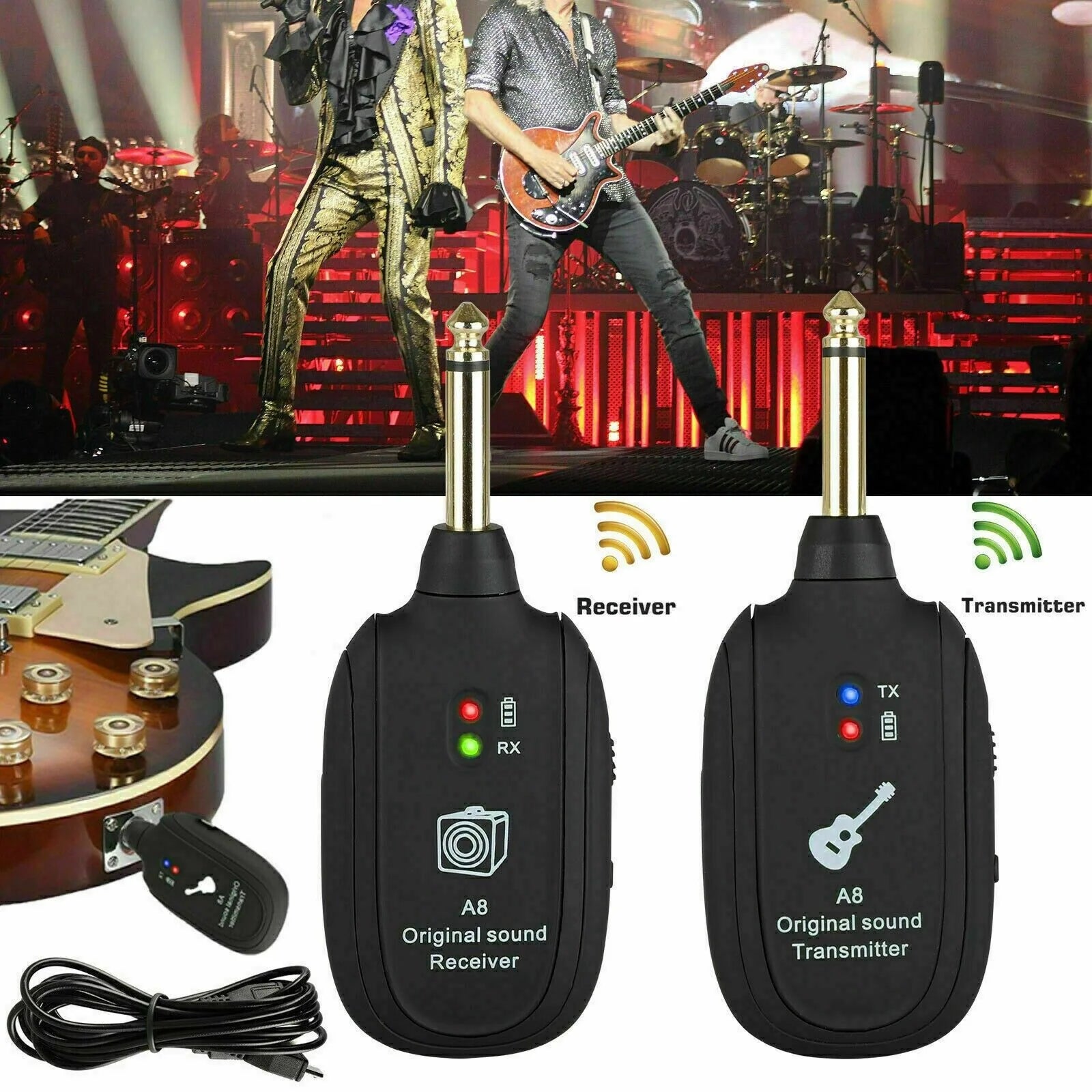 UHF Guitar Wireless System Transmitter+Receiver Built in Rechargeable Battery
