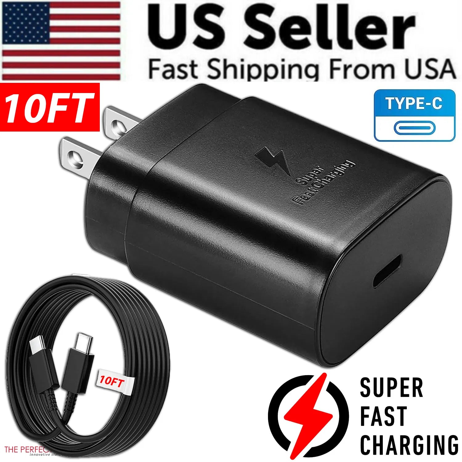 25w Super Fast Charger Type USB-C 10FT Cable For Galaxy S23 S22 S21 S20