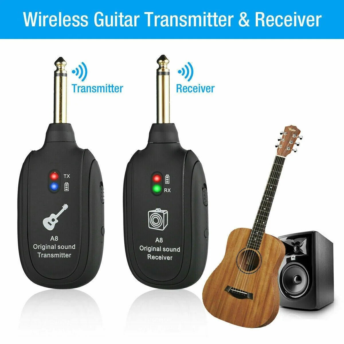 UHF Guitar Wireless System Transmitter+Receiver Built in Rechargeable Battery